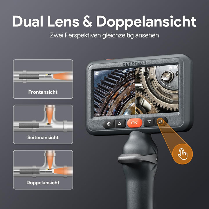 DEPSTECH Dual Lens Endoskopkamera mit Licht, 1080P Drehbar Endoskop, 5 Zoll IPS-Bildschirm Inspektio