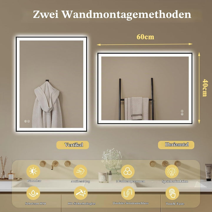 Badspiegel-mit-Beleuchtung 40x60 - Badezimmerspiegel LED Badezimmer Spiegel mit Beleuchtung - Beschl