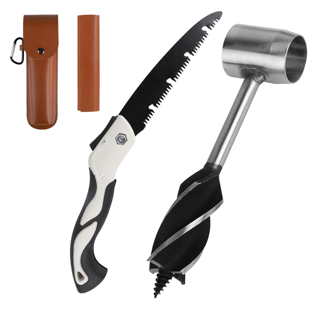 Holzbohrer Manuell Bushcraft, φ25x160mm, Schlangenbohrer Outdoor aus Stahl mit Braune Ledertasche &