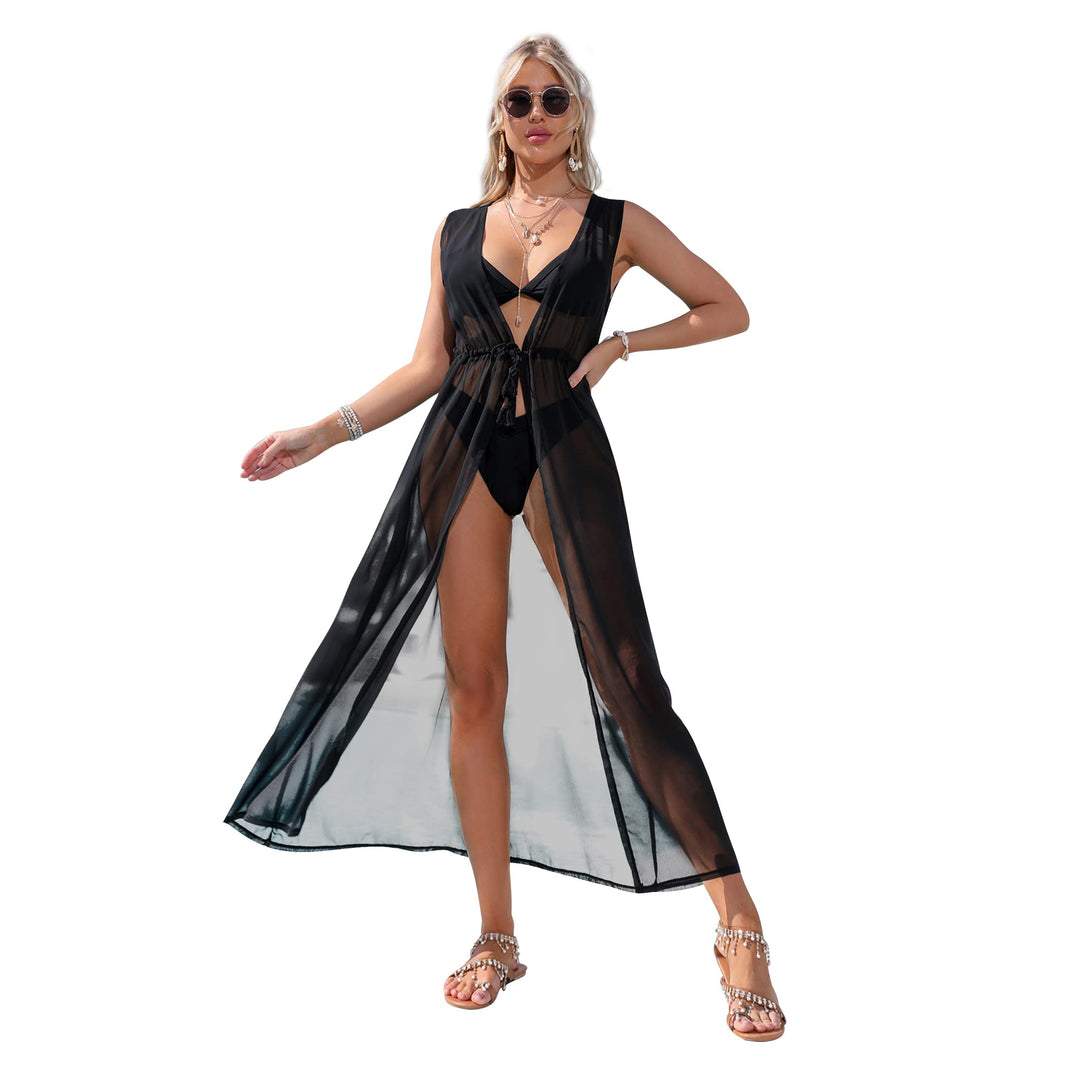 CHIC DIARY Bikini Strandkleid Cover Up Boho Ärmellos Maxi Strandtunika Chiffon Strandponcho Schwarz