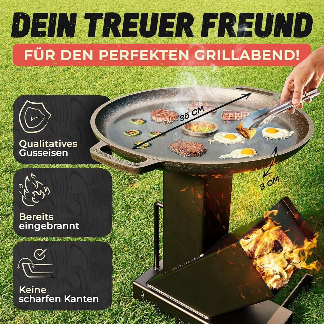 Drei Eichen Feuerplatte aus Gusseisen mit Tropfschutz. Ø35cm. Grillplatte Plancha ideal für Raketeno