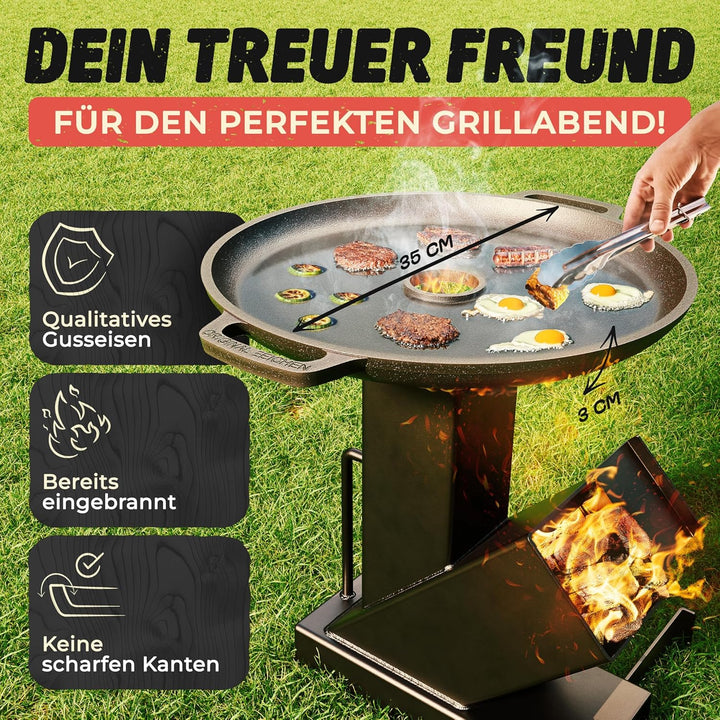 Drei Eichen Feuerplatte aus Gusseisen mit Tropfschutz. Ø35cm. Grillplatte Plancha ideal für Raketeno
