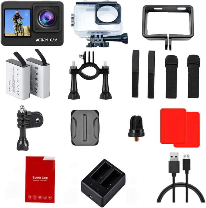 Action Cam FHD 1080P Dual-Screen Unterwasserkamera | wasserdicht bis 40M, Actionkamera mit 2×1050-mA