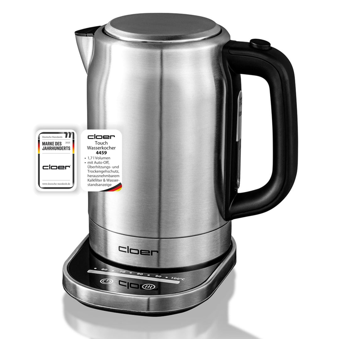 Cloer 4459 Touch-Wasserkocher, Basisstation mit Glasoberfläche-LED-Anzeige, 1,7 Liter, Edelstahl Tou