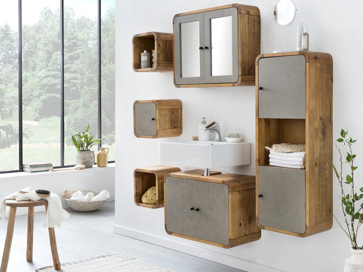 Woodkings® Waschbeckenunterschrank Dingle Holz Pinie rustikal und MDF Betonoptik grau Badezimmermöbe