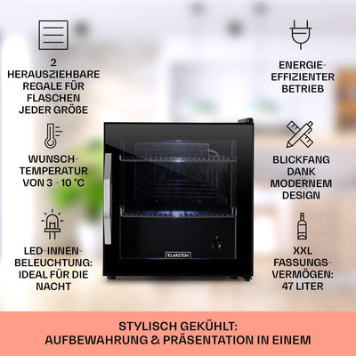 Klarstein Getränkekühlschrank, Kühlschrank Klein mit 2 Ablagen, Minikühlschrank Lautlos für Büro Cam