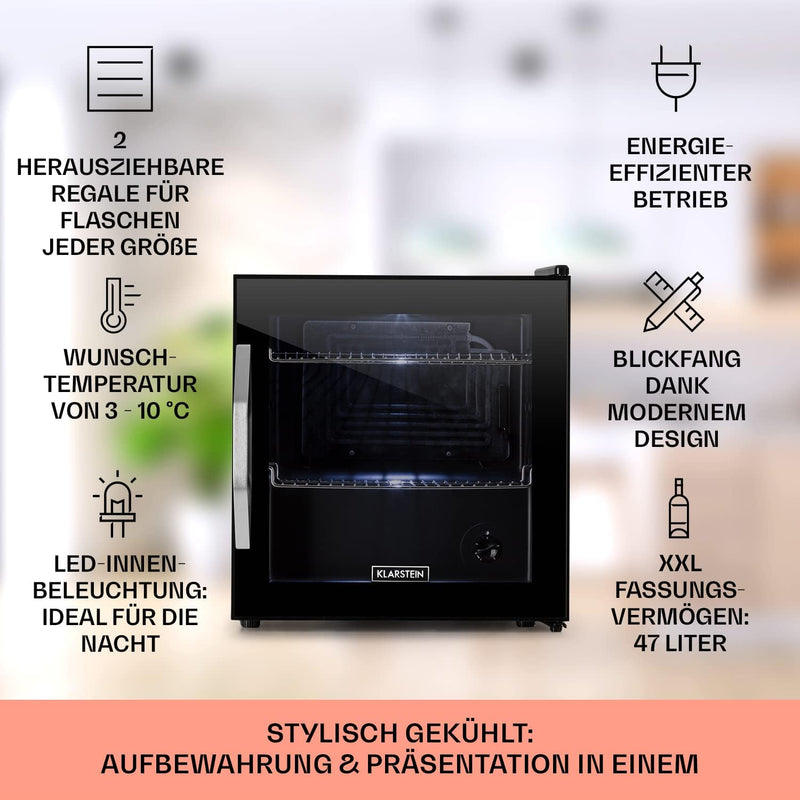 Klarstein Getränkekühlschrank, Kühlschrank Klein mit 2 Ablagen, Minikühlschrank Lautlos für Büro Cam