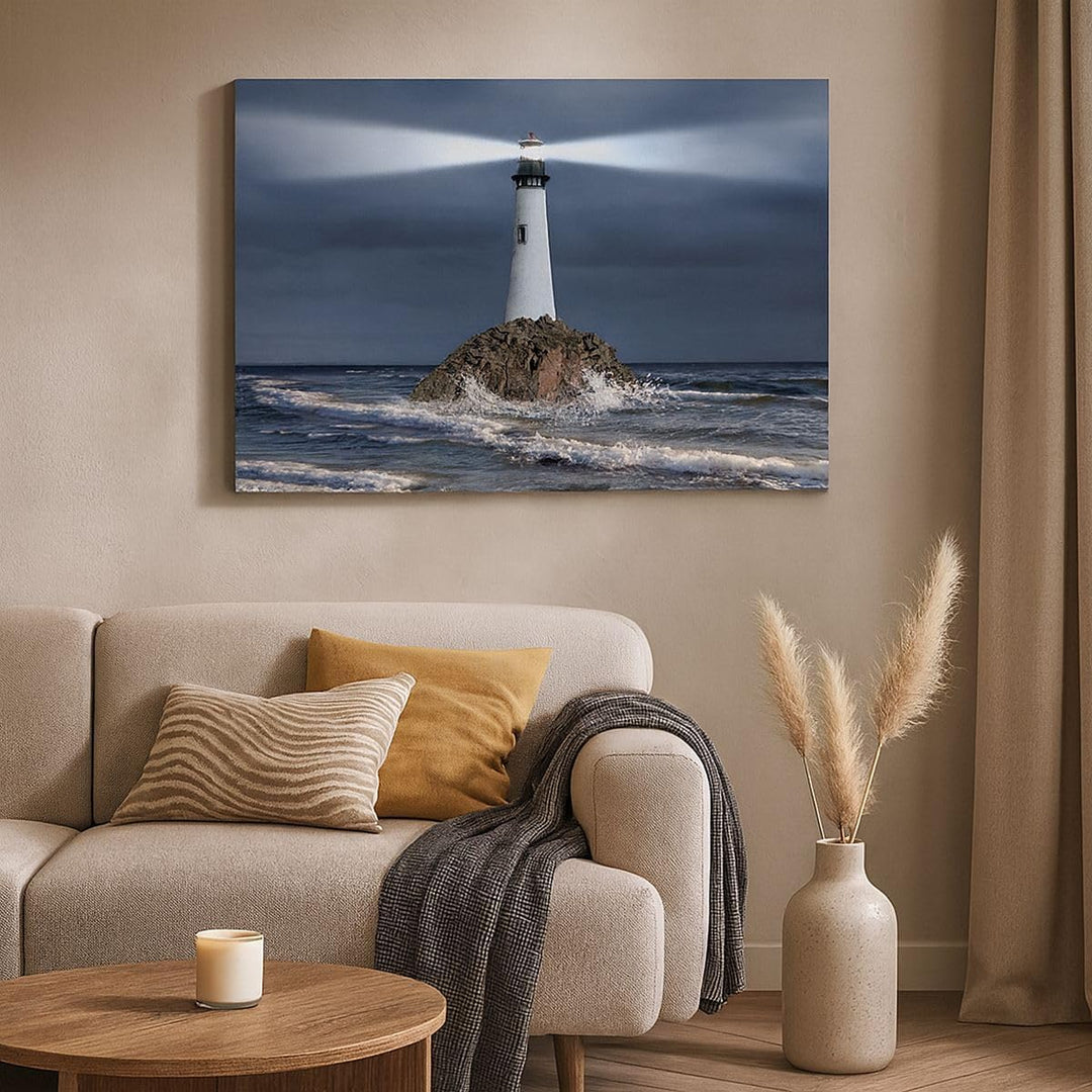 Bilder auf Leinwand 100x70cm Leinwandbild mit Rahmen Leuchtturm Meer Gross Wanddeko Bild Schlafzimme