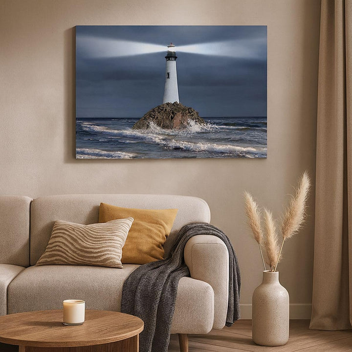 Bilder auf Leinwand 100x70cm Leinwandbild mit Rahmen Leuchtturm Meer Gross Wanddeko Bild Schlafzimme