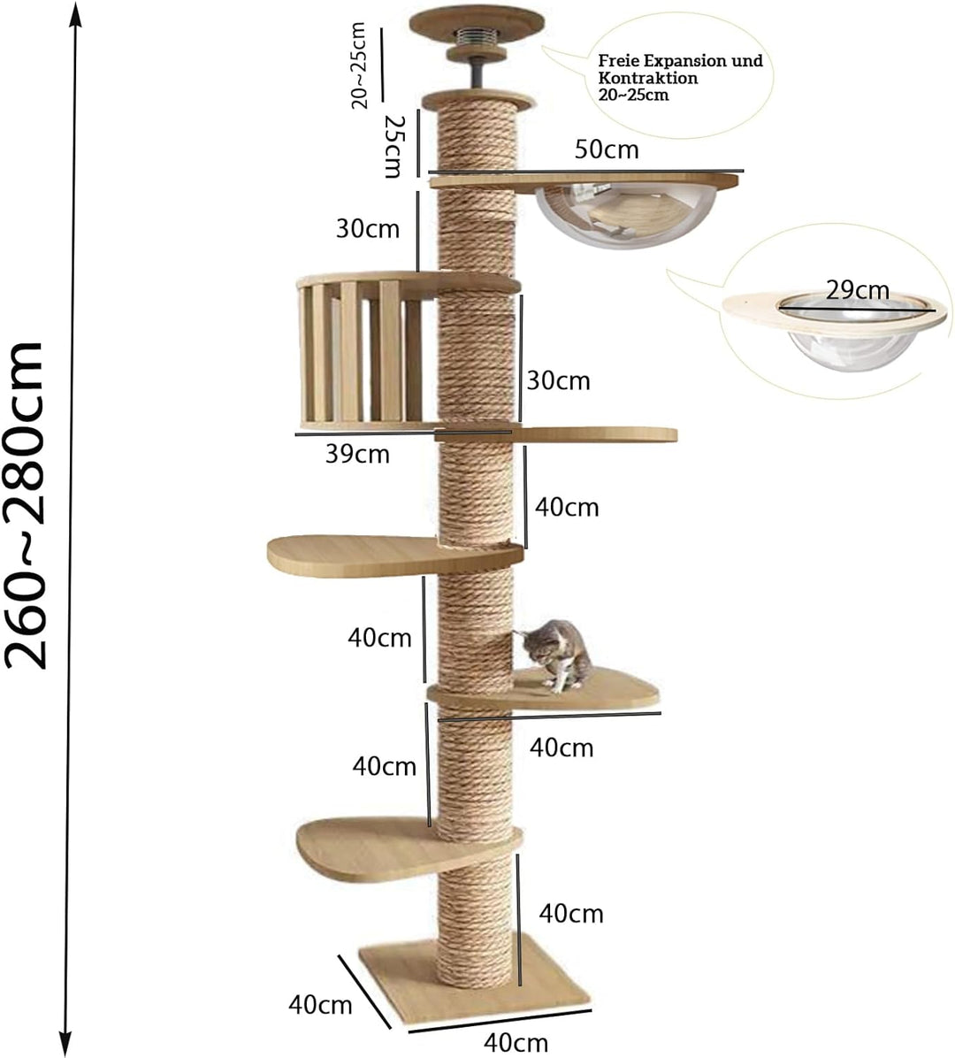 Kratzbaum deckenspanner hoch,11CM breit Sisalseil für kratzbaum,Raumkapsel,Katzenkäfig, 4 Plattforme