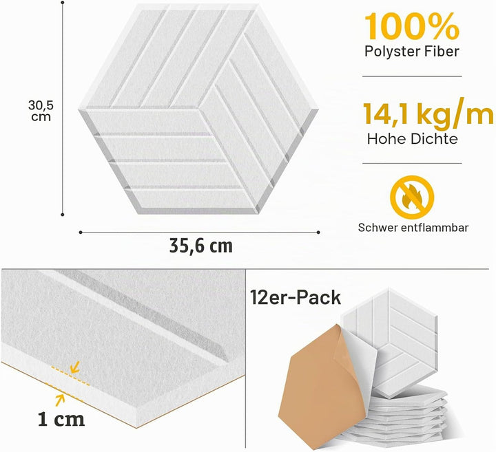 JAMELO 12 Stück sechseckige selbstklebende Akustikplatten aus Polyester zur Schalldämmung, 35 x 30 x
