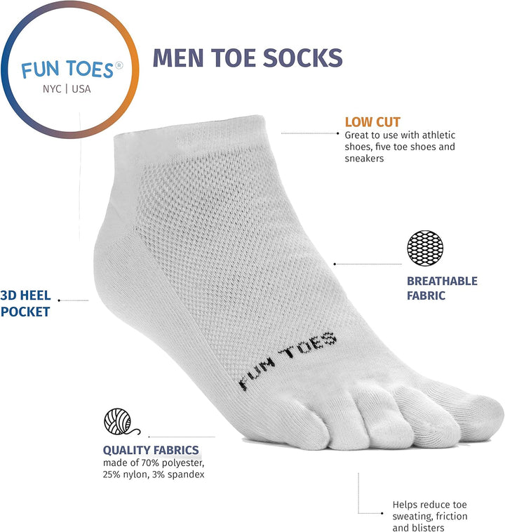 FUN TOES Herren-Zehensocken, Barfuss, Laufen, leicht, 6 Paar, Grösse EU 39-46 Weiss, Weiß