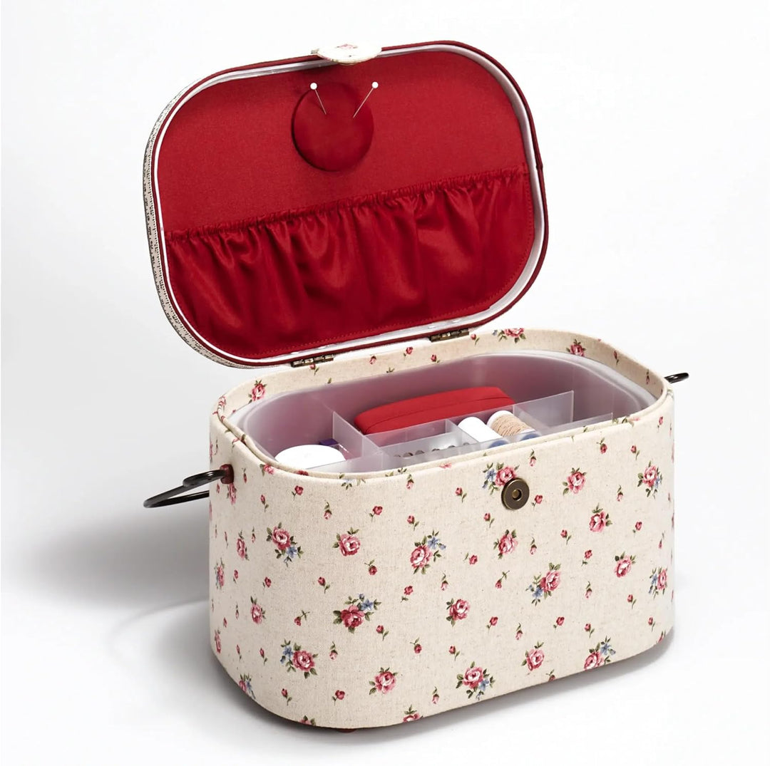 Prym Nähkorb Country Rose mit Griff, Leinen/Metall/Holz, elfenbeinfarben, L, 30 x 20,5 x 19 cm