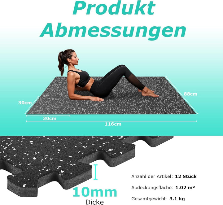 Bodenschutzmatte Fitness[31x31cm], 12 Puzzlematte, Extra Dicke Robuste Gummierte, Für Fitnessstudio