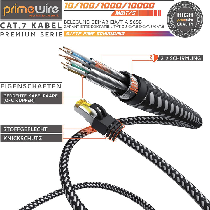 CSL - 30m CAT.7 Netzwerkkabel Gigabit Ethernet LAN Kabel 3 Meter, Baumwollmantel, 1Gbit Patchkabel,