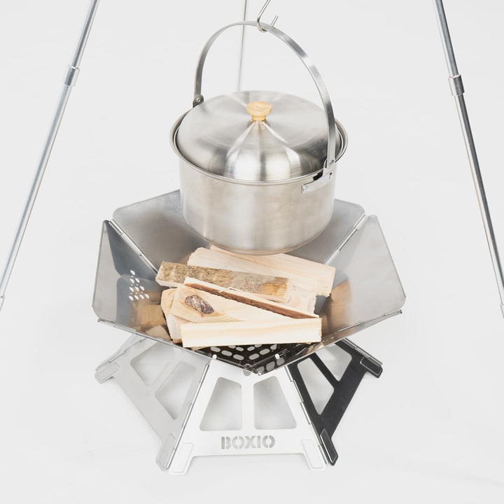 BOXIO - FIRE Bundle: Edelstahl Feuerschale mit Grillrost & Dreibein - Oktagon Feuerstelle Outdoor &