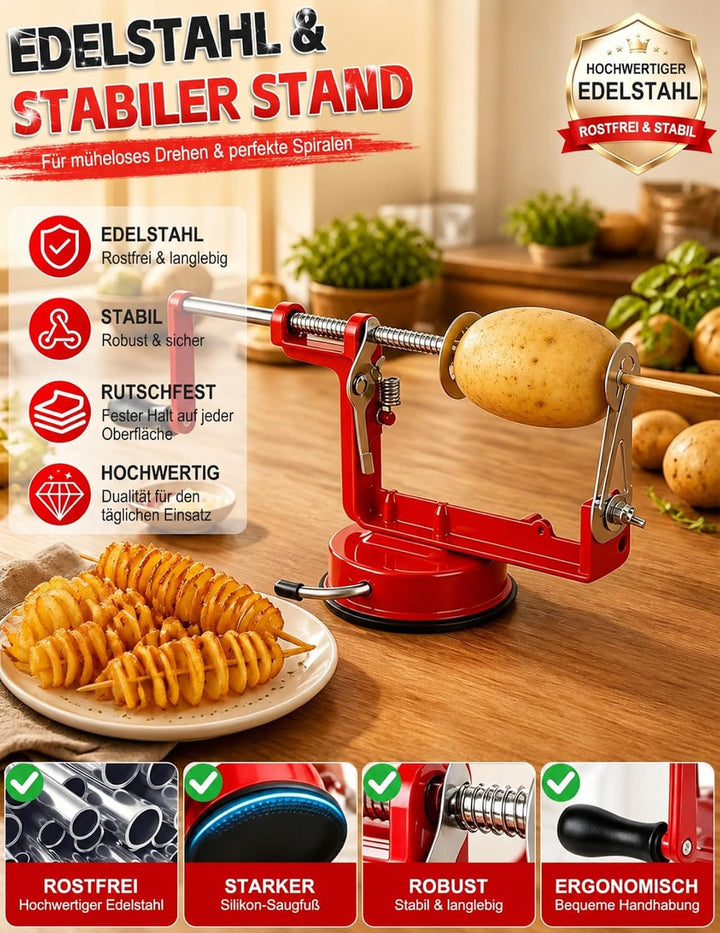 Kartoffelspiralschneider Edelstahl Manuell – Spiralschneider Kartoffel mit Saugnapf, Kartoffelschnei