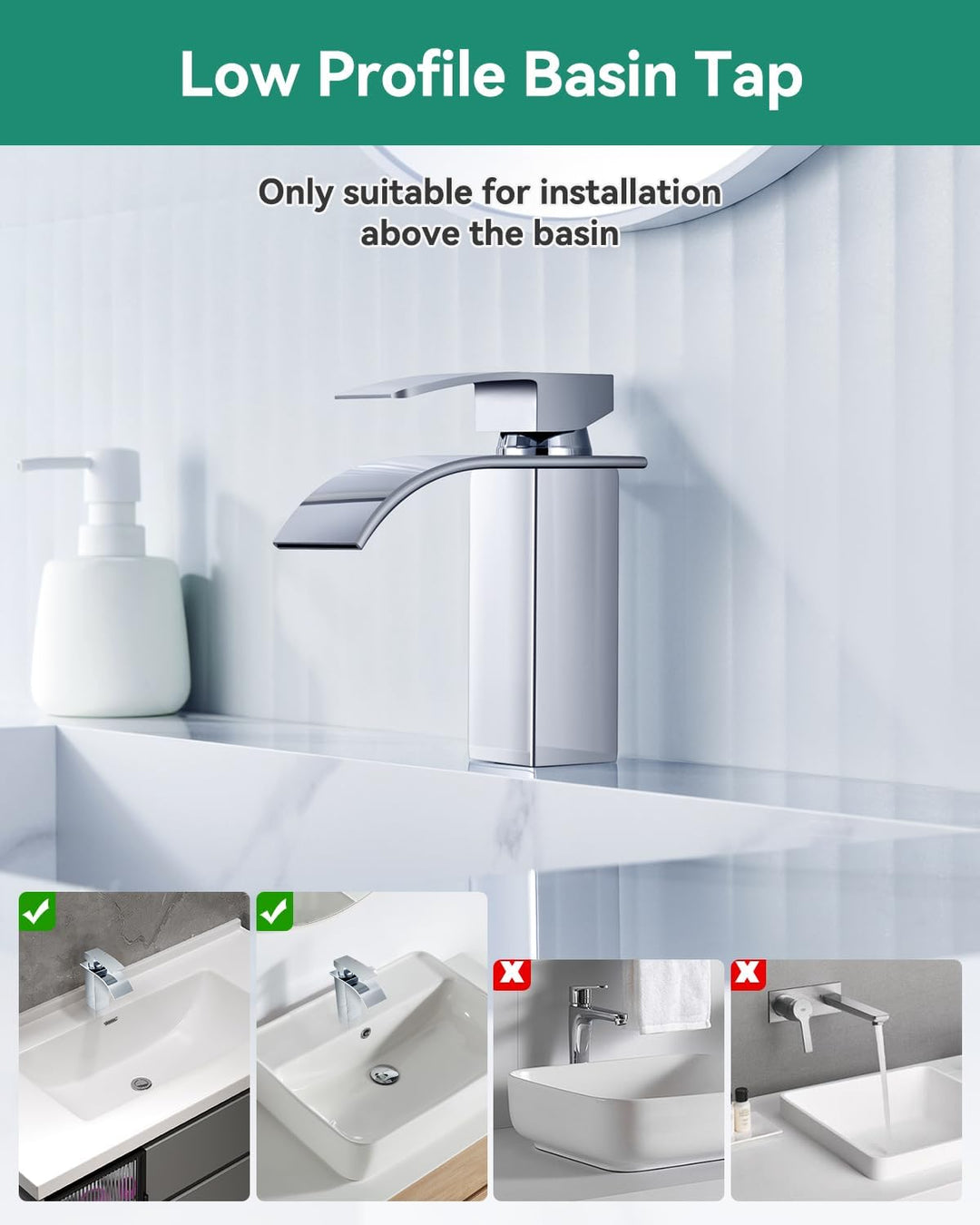 ANYCEE Wasserfall Wasserhahn Bad mit Auslauf Höhe 8,5cm, Edelstahl Waschtischarmatur Chrom, Badezimm