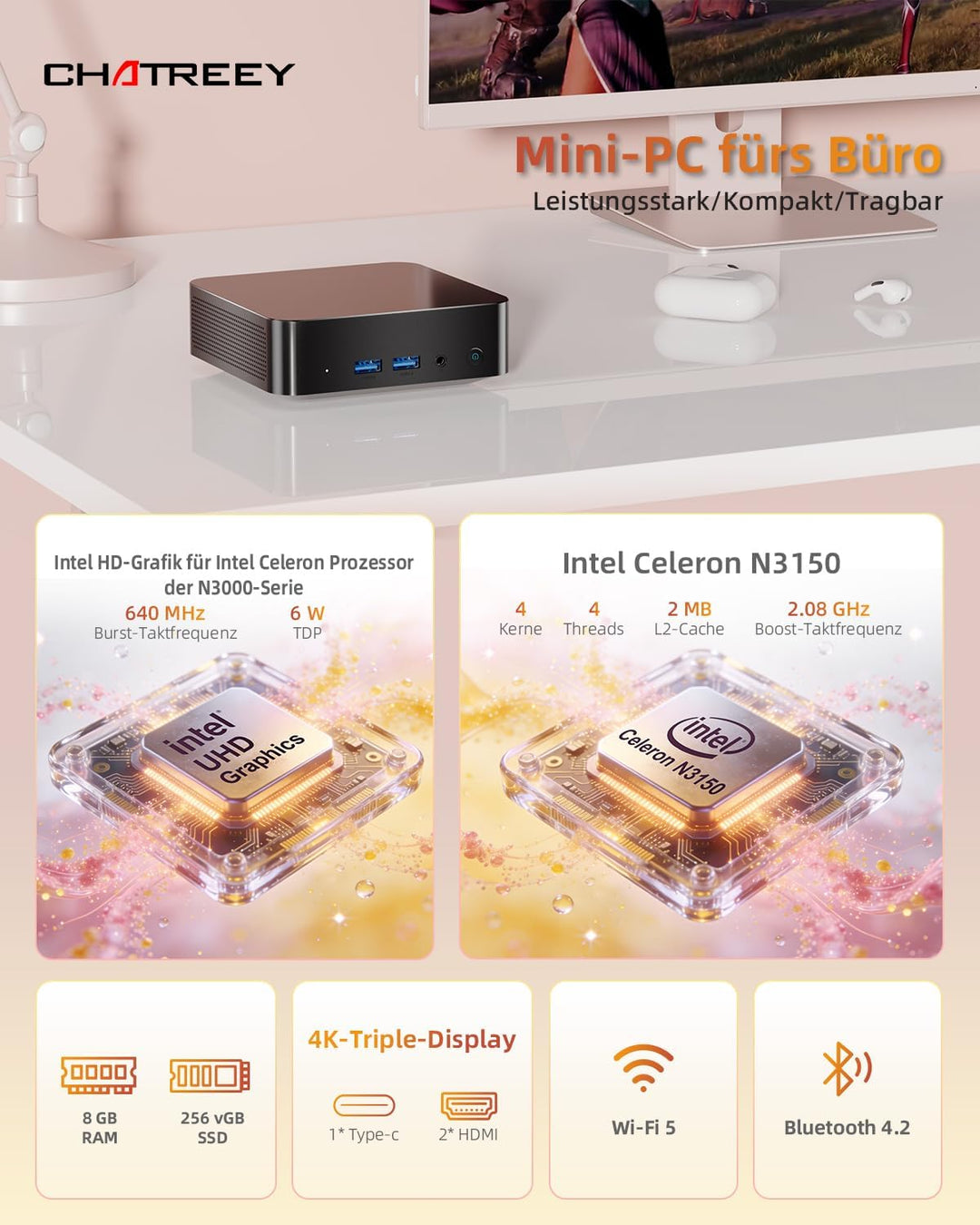 Mini PC N3150 (4 Kerne/4 Threads, bis 2,08 GHz), 8 GB RAM, 256 GB SSD, Dual USB-C Mini Computer, 2×