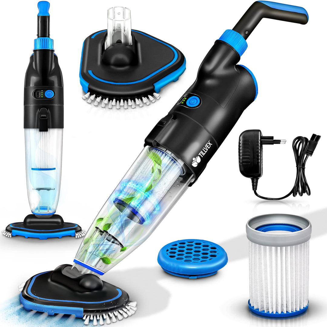 tillvex Poolsauger mit Akku | Pool Bodensauger Teleskopstange elektrisch | Poolreiniger mit Filter &