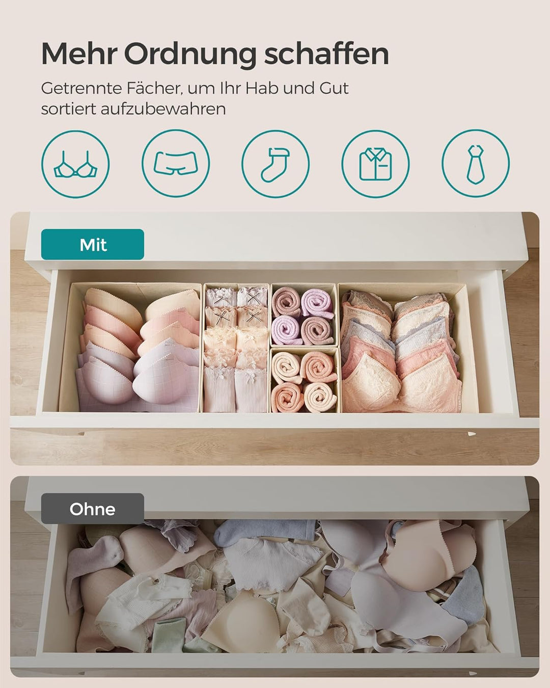 SONGMICS Aufbewahrungsbox für Schublade, 12er Set, Schubladen Organizer, Faltbox, Unterwäsche Organi