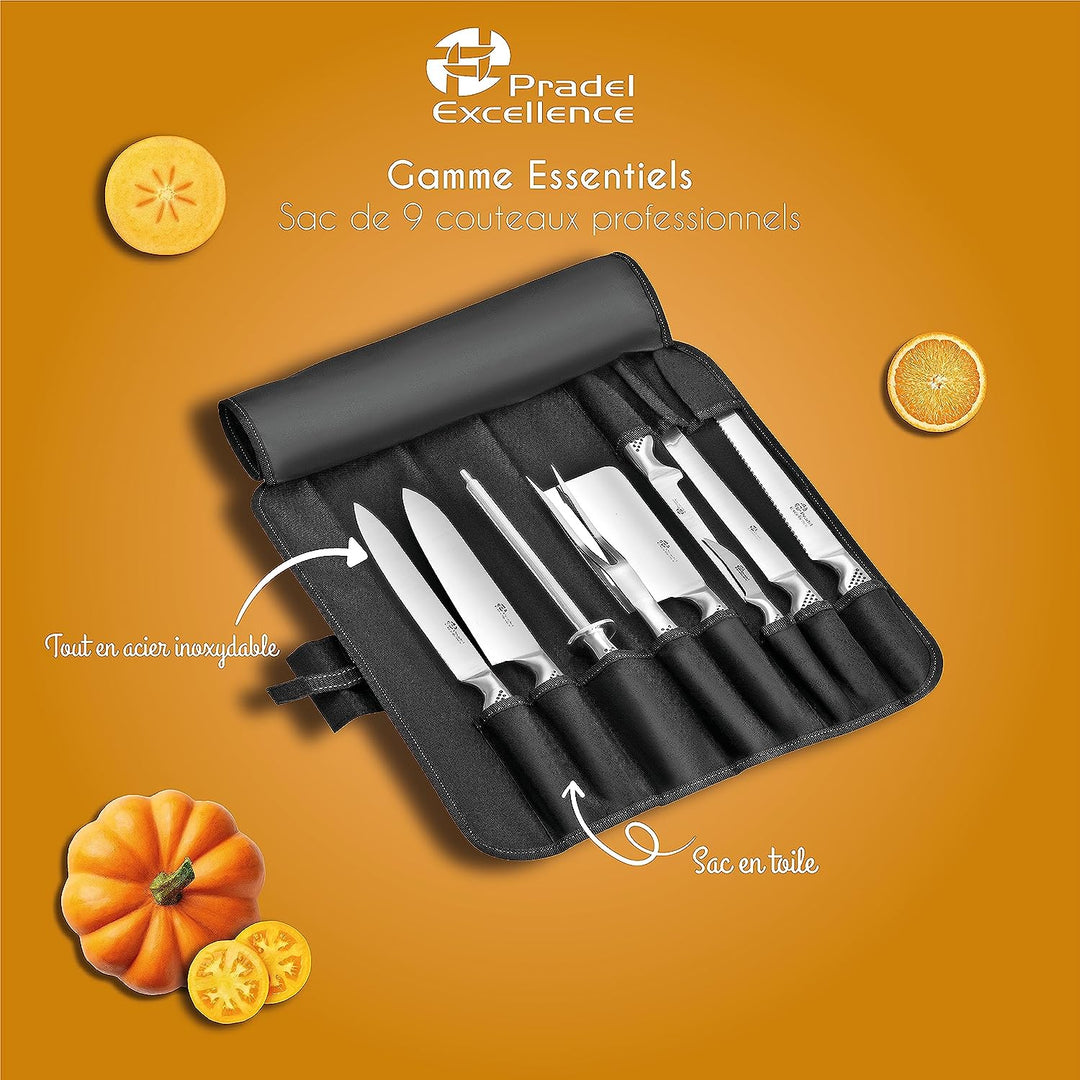 Pradel Excellence I7100 Küchenmessertasche, 9-teilig, Edelstahl klassisch