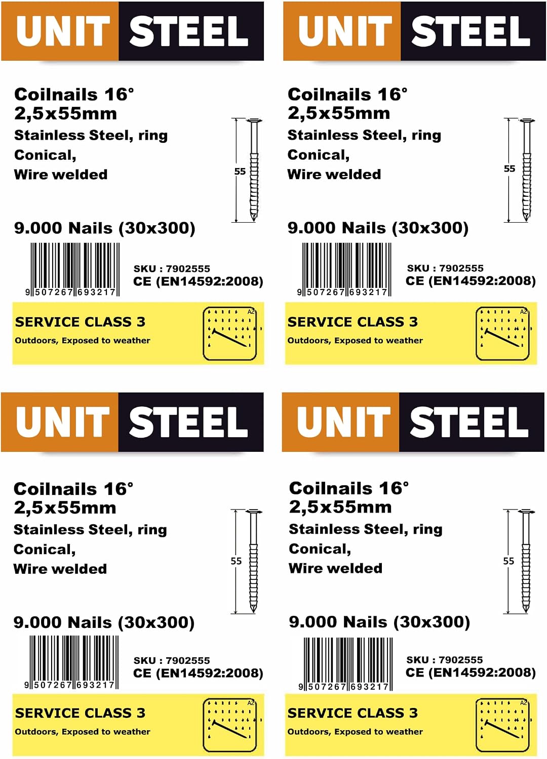 Coilnägel - 2,5x55mm, 9.000 Stück, Ringnägel für Druckluft-Nagler, Ring/Rostfrei Stahl/Linsenkopf, f