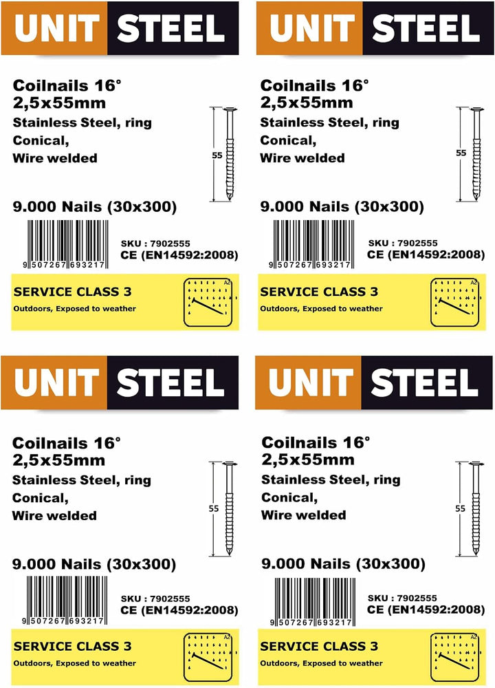 Coilnägel - 2,5x55mm, 9.000 Stück, Ringnägel für Druckluft-Nagler, Ring/Rostfrei Stahl/Linsenkopf, f