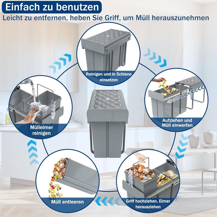 UISEBRT 3x10L Mülleimer Küche Unterschrank,Ausziehbar Mülltrennsystem mit Rutsche Kunststsoff,Einbau