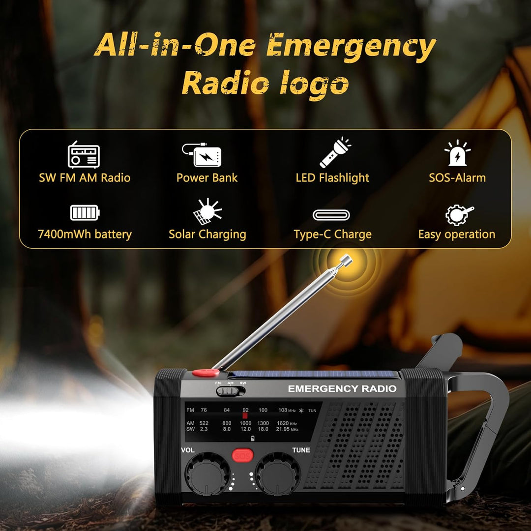 Tragbares Notfallradio, Kurbelradio mit Solar & Batteriebetrieb, AM/FM/SW Dynamo Radio, Taschenlampe