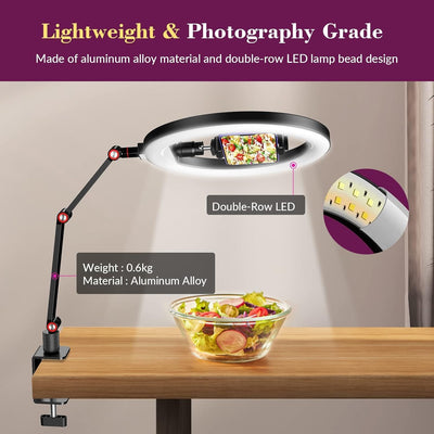 10'' Ringlicht für Schreibtisch mit Ständer und Telefonhalter, Overhead Stativ Ringlicht, Videokonfe