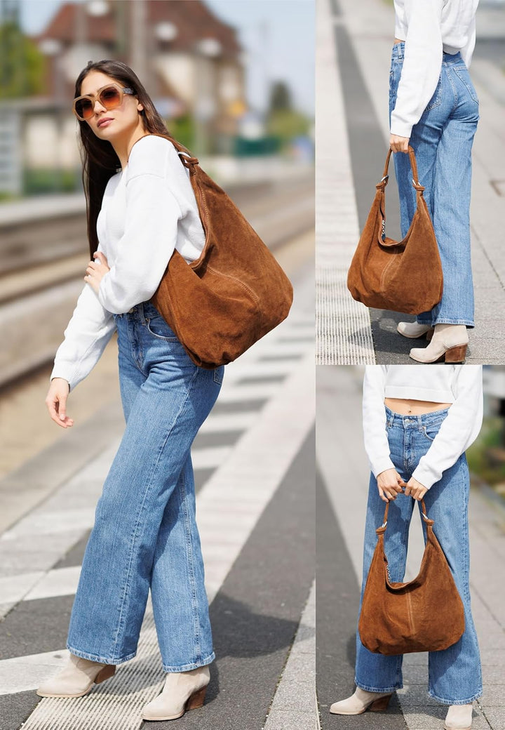 Caspar TL617 grosse Damen Vintage Veloursleder Tasche Camel, Camel