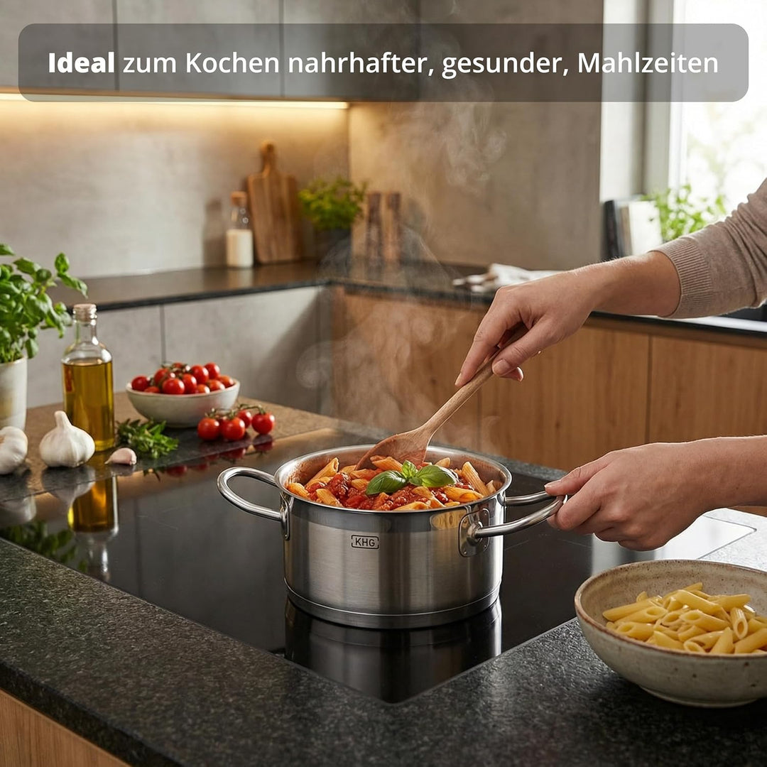 KHG Topf Kochtopf Fleischtopf 16 cm Induktion, Edelstahl unbeschichtet inkl. Glasdeckel | 9,5 cm hoh
