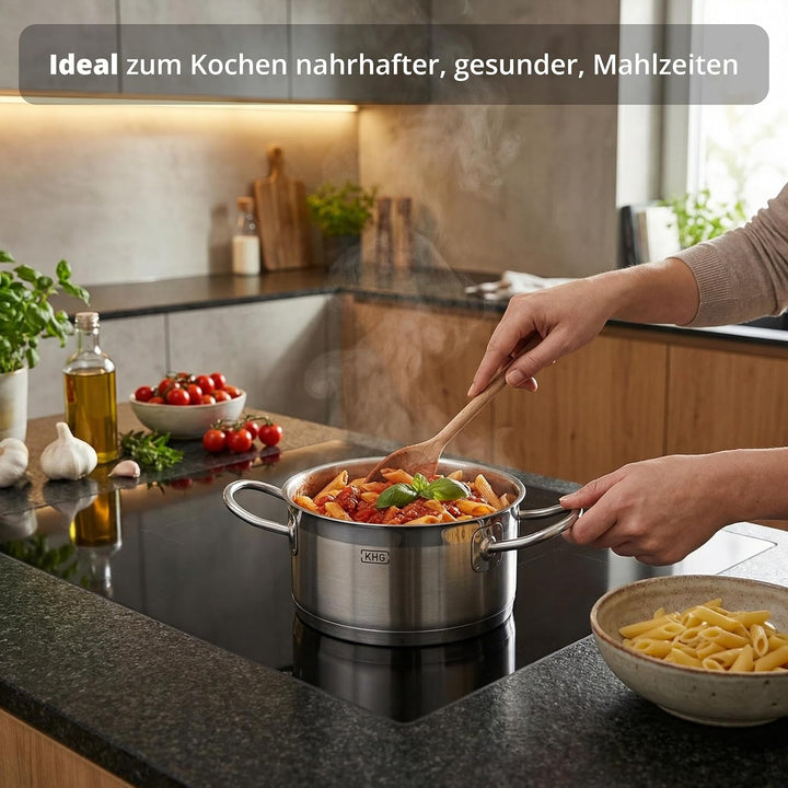 KHG Topf Kochtopf Fleischtopf 16 cm Induktion, Edelstahl unbeschichtet inkl. Glasdeckel | 9,5 cm hoh