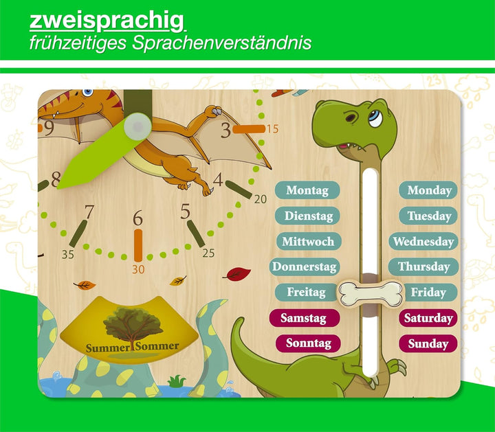 WoodyWood® Kalenderuhr für Kinder - Lernuhr aus Holz, zweisprachig, 30 X 30 cm - Montessori Jahresuh