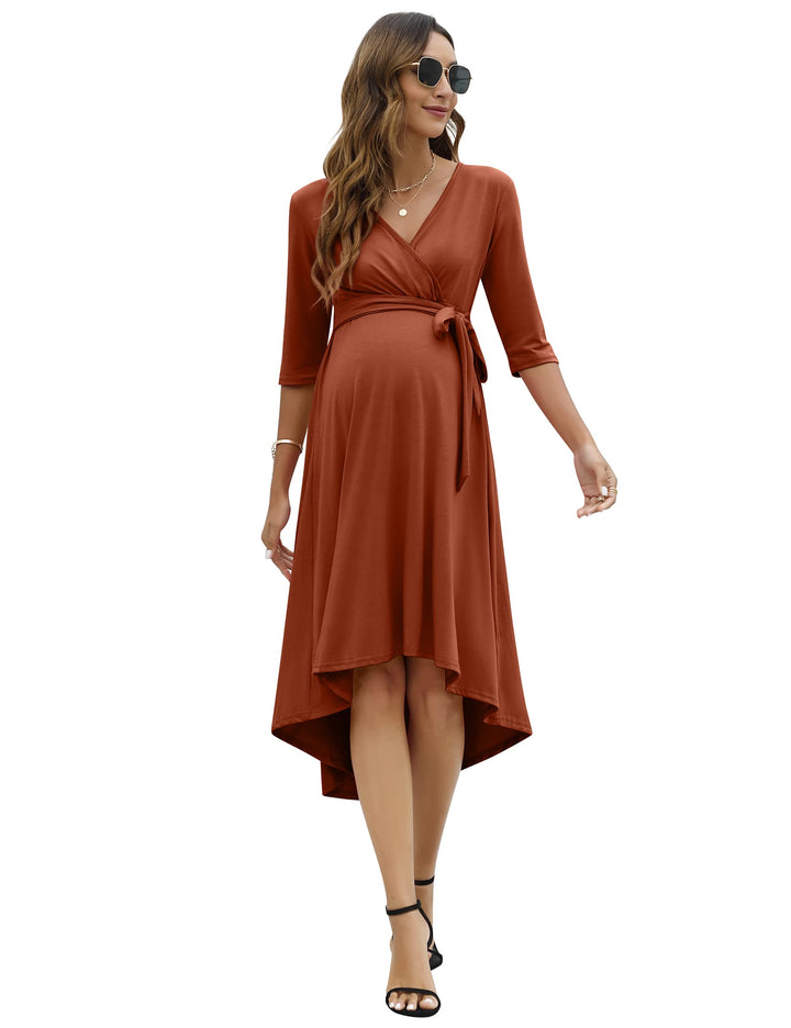 KOJOOIN Damen Umstandskleid Festlich Stillkleid V-Ausschnitt 3/4 Ärmel Schwangerschaftskleid mit Tai