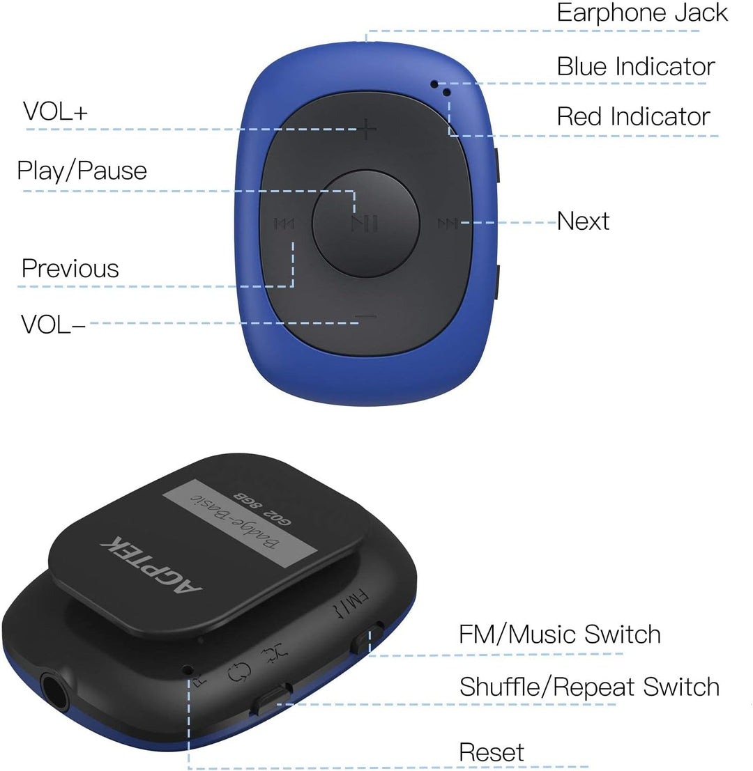 AGPTEK Mini Clip 64GB MP3 Player mit Bügel-Kopfhörer und Silikon Hülle, Leichter Sport Musik Player