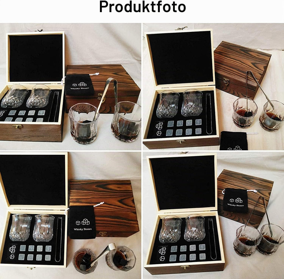 8 Whisky Steine mit 2 Whiskey Gläsern, Zange &amp; Holz Geschenkbox - Whiskey Steine Geschenkset aus Nat