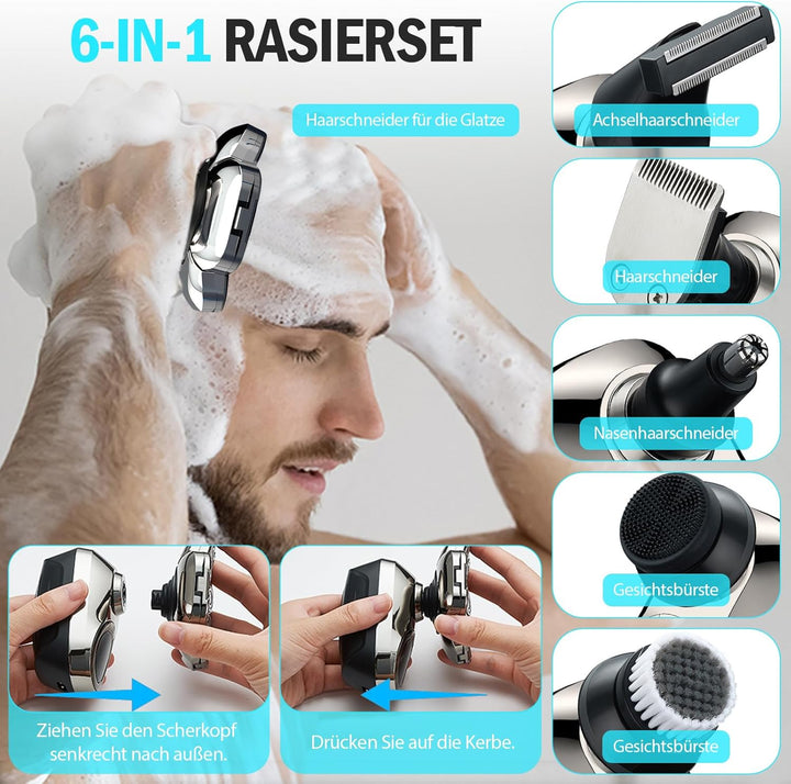 Glatzen Rasierer Herren Elektrisch, IPX6 Wasserdicht 9D Flexibler Glatzenrasierer, 6 in 1 Kopfrasier