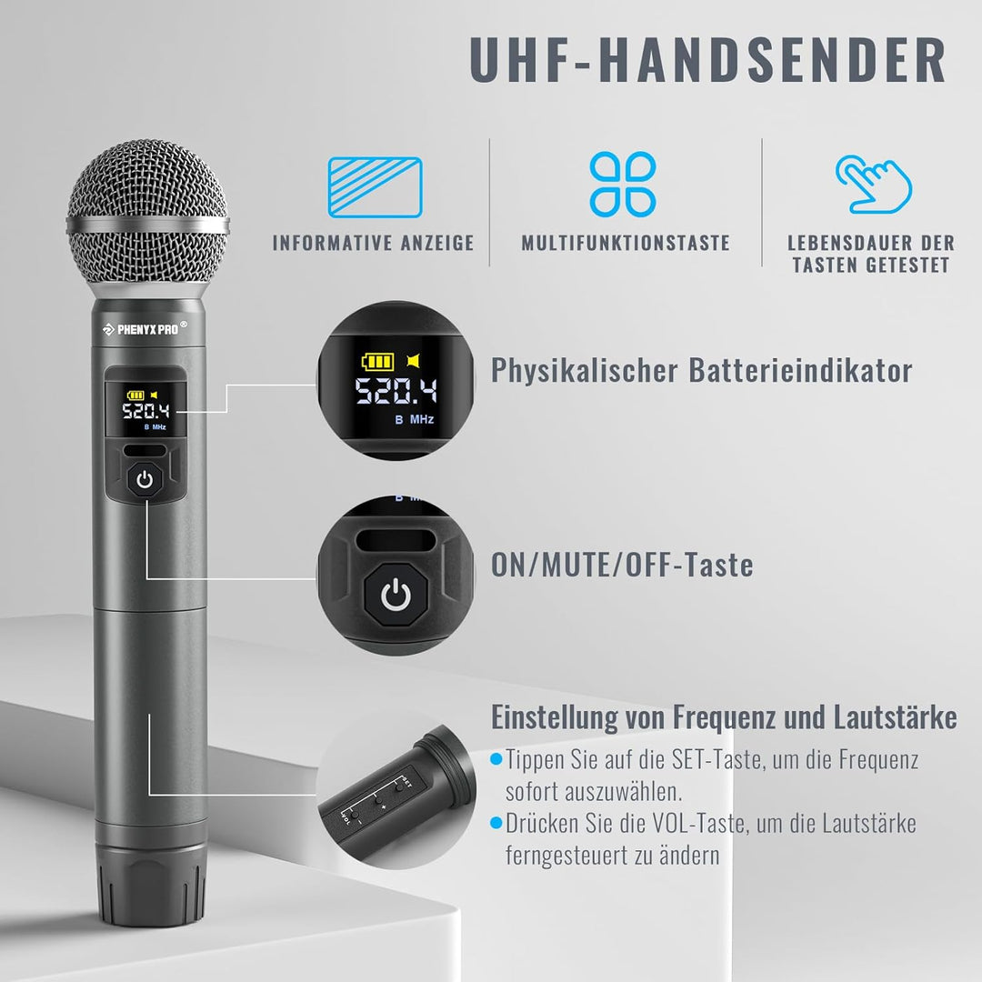 Phenyx Pro Mikrofon Drahtloses Mikrofonsystem, kabelloses Handmikrofon-Set für Gesang, Karaoke, Kirc