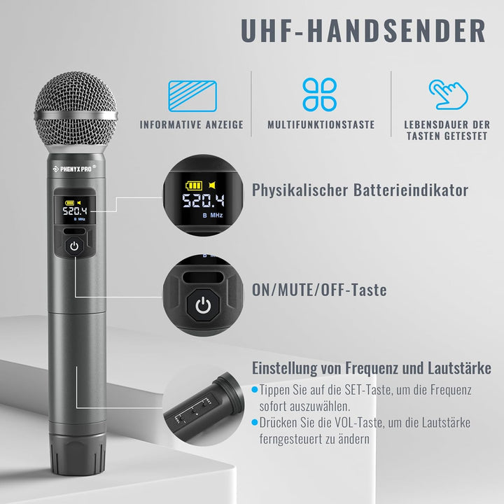 Phenyx Pro Mikrofon Drahtloses Mikrofonsystem, kabelloses Handmikrofon-Set für Gesang, Karaoke, Kirc