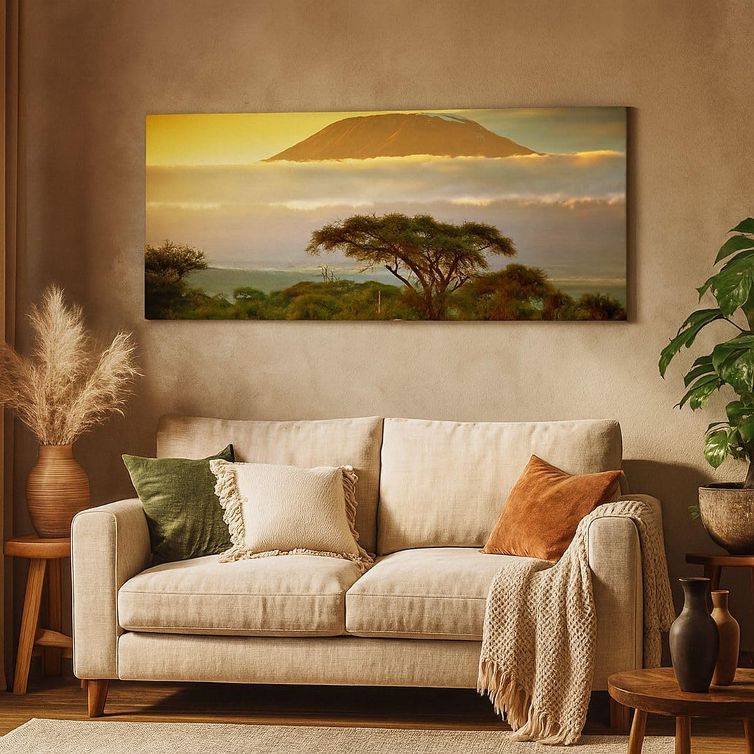 Wandbilder Dekoration Wohnzimmer Safari Tierwelt Berg Kenia Panorama Bilder auf Leinwand 120x50cm Le