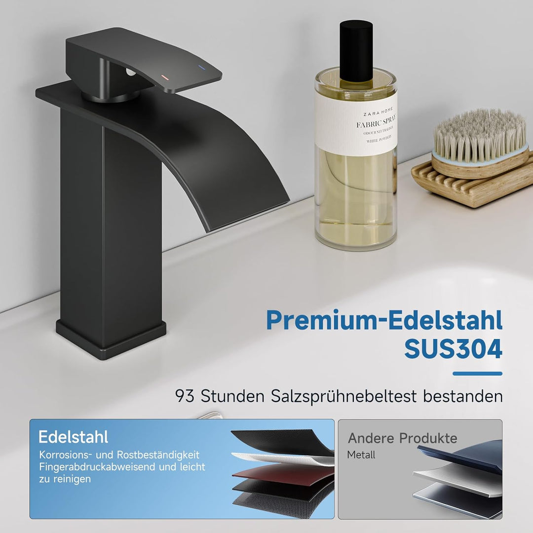 Wasserhahn Bad Schwarz Matt, Wasserfall Wasserhahn, Einhebelmischer Waschbecken，Einloch-Waschtischar