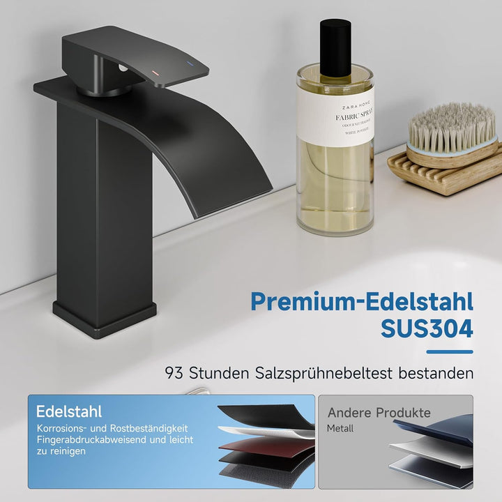 Wasserhahn Bad Schwarz Matt, Wasserfall Wasserhahn, Einhebelmischer Waschbecken，Einloch-Waschtischar