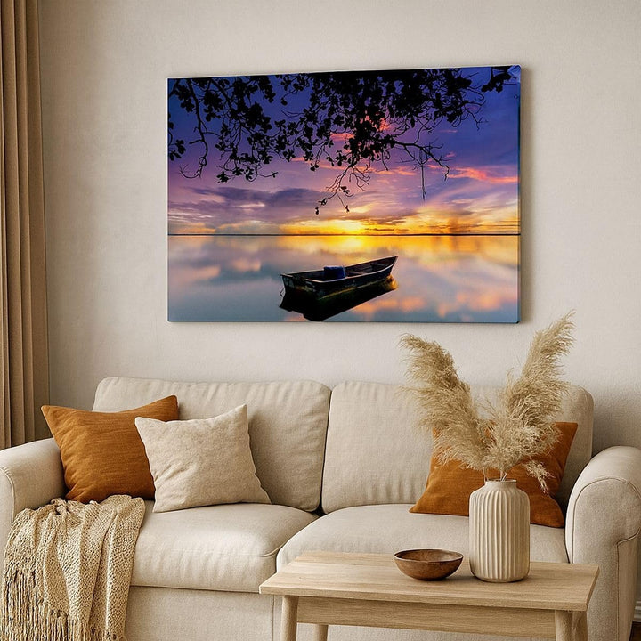 Bilder auf Leinwand 100x70cm Leinwandbild Boot Sonnenuntergang See Himmel Gross Wanddeko Bild Schlaf