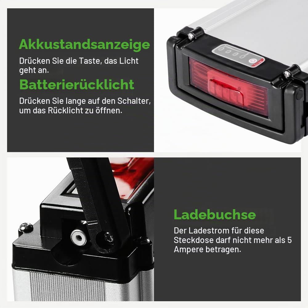E-Bike Li-ion Batterie 36V 10,4Ah mit Ladegerät für 250W-500W Elektrofahrrad Pedelec E-GO! Wondervel