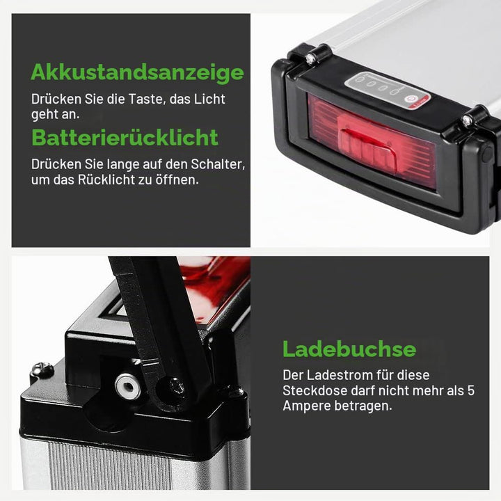 E-Bike Li-ion Batterie 36V 10,4Ah mit Ladegerät für 250W-500W Elektrofahrrad Pedelec E-GO! Wondervel