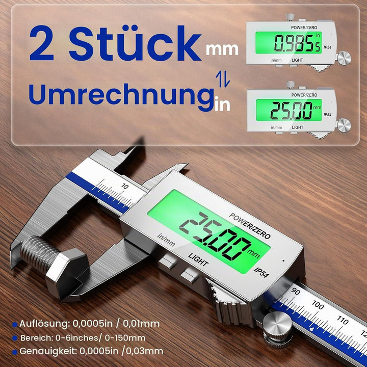 Preciva Digitaler Messschieber (wiederaufladbar),150 mm Schieblehre Digital Edelstahl, elektronische