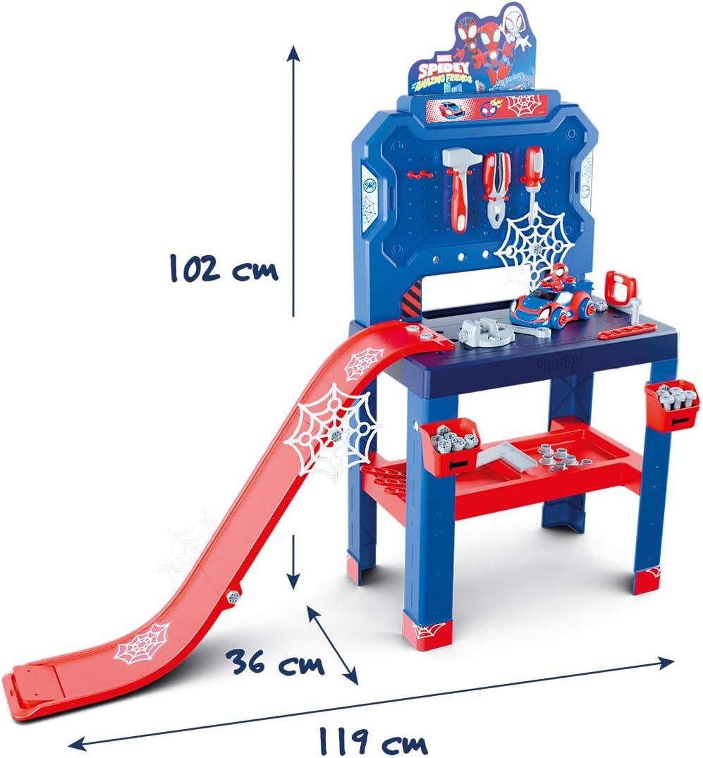 Smoby – Spidey Werkbank mit Sprungschanze – Werkcenter, 94 Zubehörteile mit 6 Werkzeugen &amp; Fahrzeug-