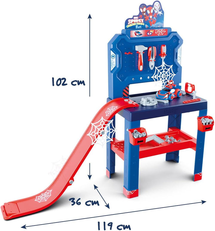 Smoby – Spidey Werkbank mit Sprungschanze – Werkcenter, 94 Zubehörteile mit 6 Werkzeugen &amp; Fahrzeug-